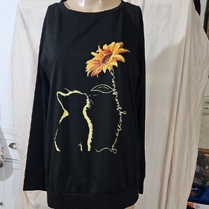 Black Long Sleeve Top with Cat and Sunflower Design